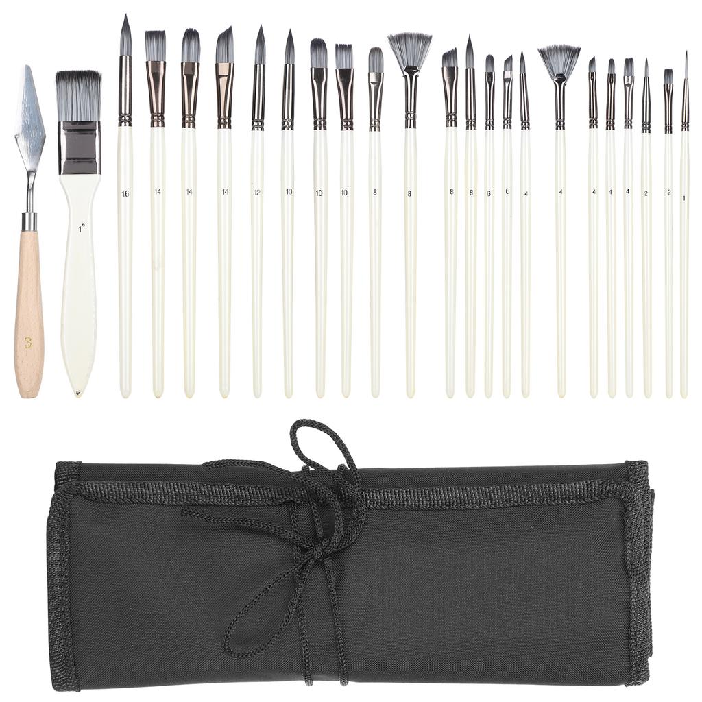 24Pcs Painting Brush Set Nylon Wool Wooden Handle with Bag for Acrylic Watercolor Paint