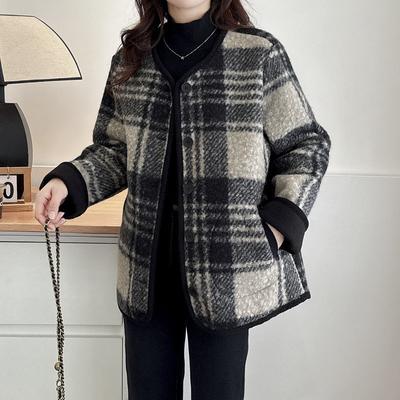 Women Check Pattern Woolen Coat Causal Loose Long Sleeves Jacket Fashion Warm Round Neck Single Breasted Buckle Outerwear Spring Autumn