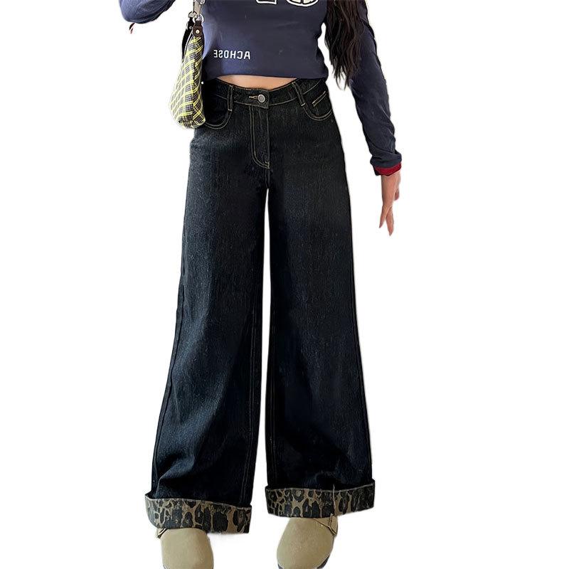2026 Spring/Summer American Retro Leopard Print Patchwork Wide-Leg High-Waisted Women's Cuffed Jeans