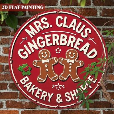 Vintage Mrs. Claus Gingerbread Bakery Shop Sign 8x8 Inch Round Aluminum Metal Wall Art Christmas Decor