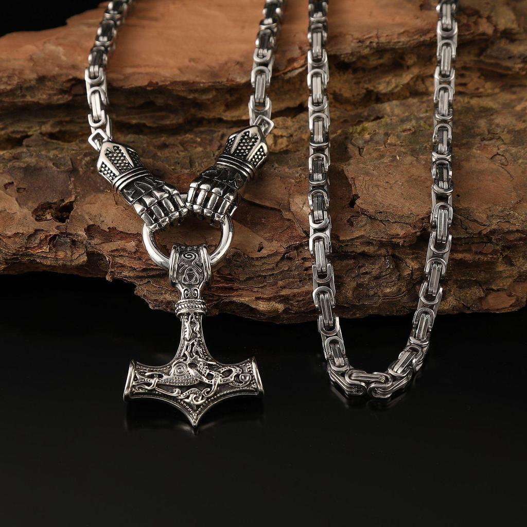 Popular Viking Fist Hammer Pendant Necklace with King Chain - Retro and Bold Design