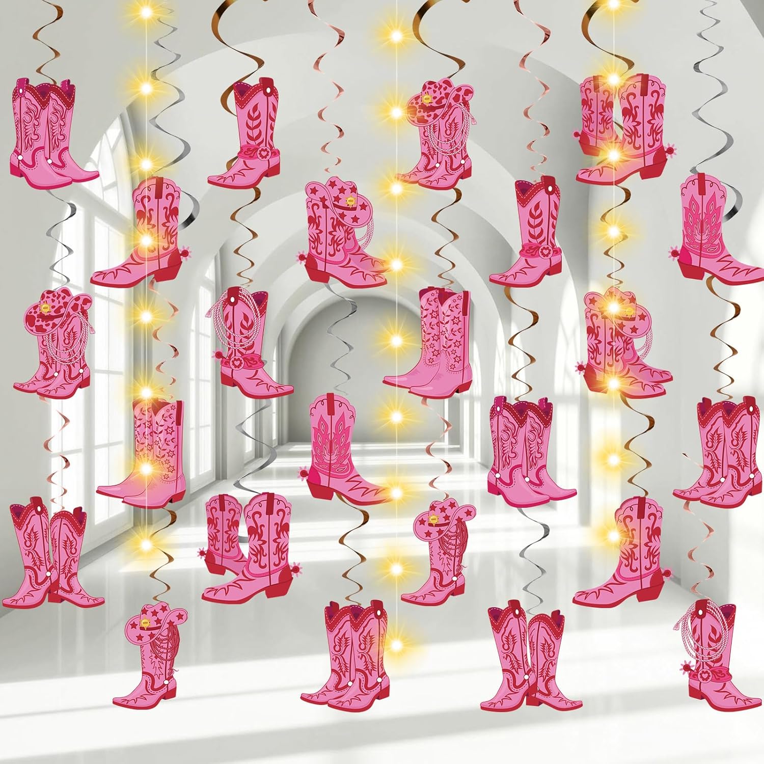 Pajean 57 Pcs Cowgirl Party Decorations with LED Light Pink Boot Hanging Swirls Decorations Western Cowgirl Boot Hanging Banner for Western Baby