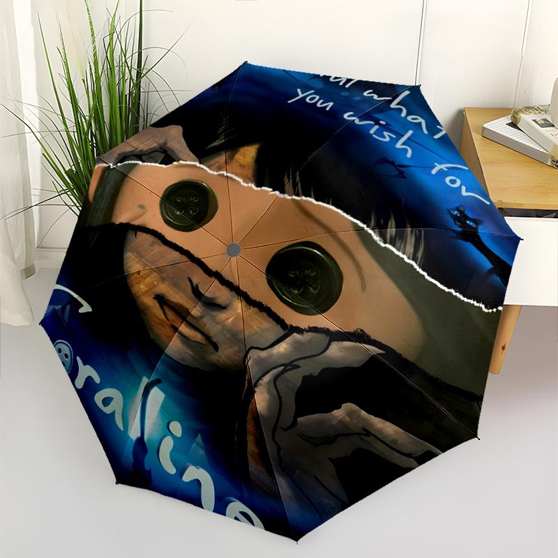 Coraline Print Automatic Umbrella, 8 Rib Iron Frame, Plastic Handle, Suitable for Outdoor Travel &Daily , Ideal Gift