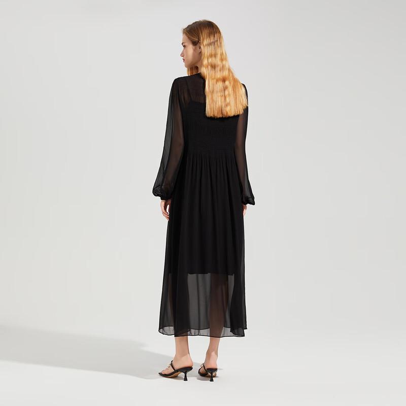 Women's High-Waist Round Neck Long Sleeve Midi Dress