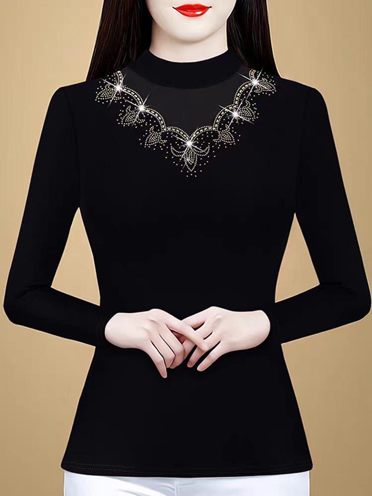 Elegant Heavy Beaded Long-Sleeve Thermal Shirt with Semi-High Collar for a Youthful Look 4XL чёрный