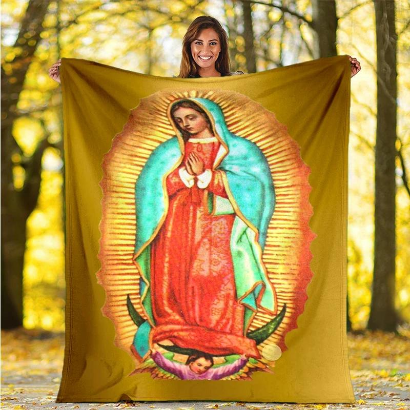Our Lady of Guadalupe Pattern Flannel Throw Blanket Religion Mary Soft Cover Lightweight Warm for Bedroom Sofa Decor Kids Adults