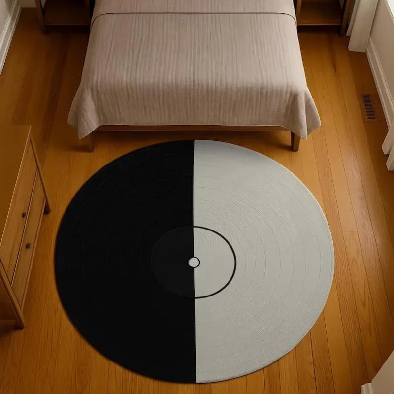 Vinyl Record Round Rug, Music Themed Black White Carpet, Soft Non-Slip Decor Mat for Living Room Bedroom
