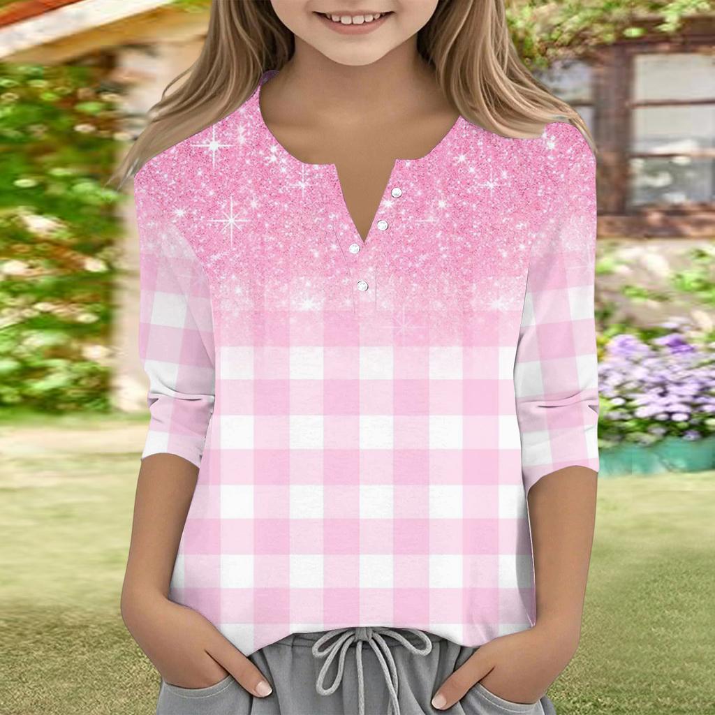 Print Tops For Youth Girls V Neck Button 3/4 Sleeves T-Shirts Trendy Tops Outfit Tees