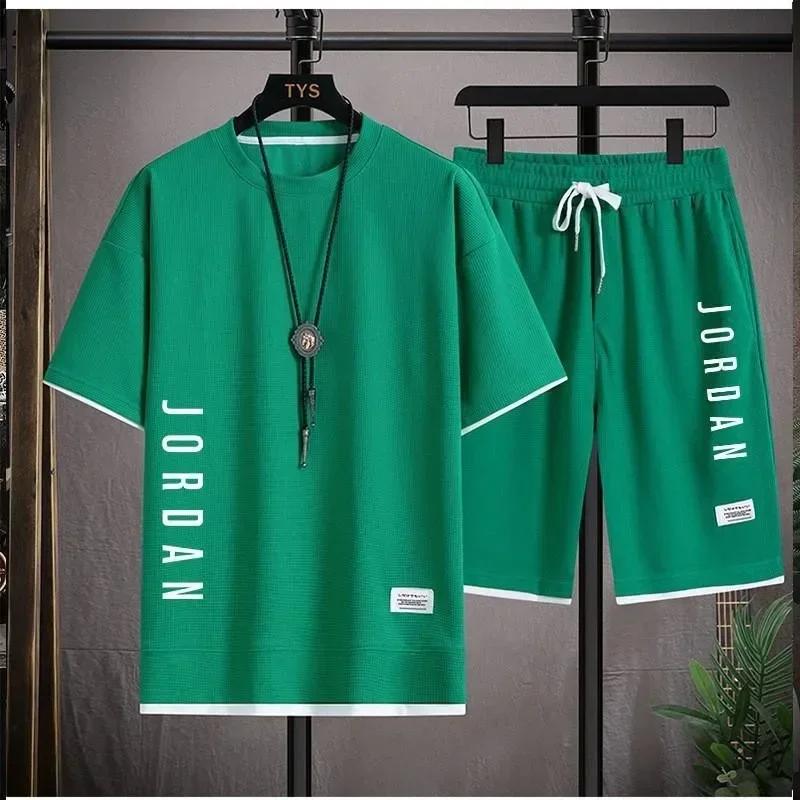 Stylisches lässiges T-Shirt + Shorts Set Herren Sportset Locker bequem niedrig Laufen 2026 Herren Sommer Waffelanzug XS