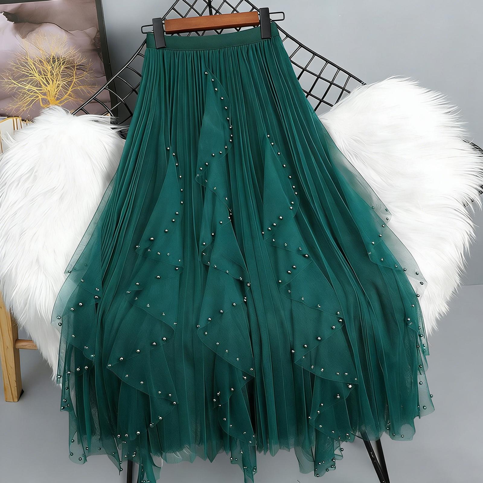 Женская сетчатая полуюбка с нерегулярной вышивкой бисером, средней длины, асимметричная юбка One Size