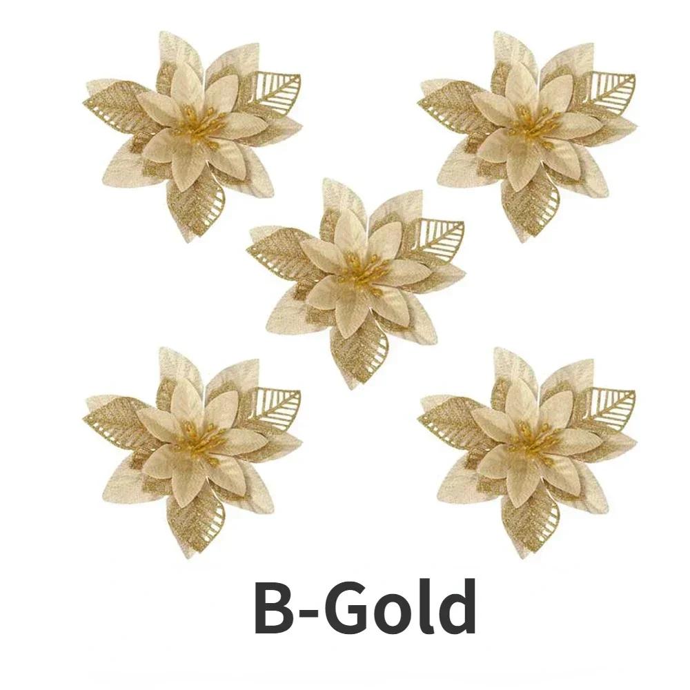 20/5PCS Artificial Glitter Christmas Flowers with Clip Xmas Tree Hanging Ornament Fake Flower New Year Party Home Decor Supplies