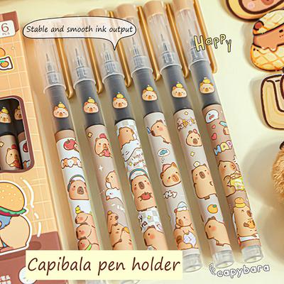 6Pcs Cute Anime Capybara Straight Liquid Ballpoint Pen Neutral Pen Ballpoint Pen School Office Writing Stationery Birthday Gifts
