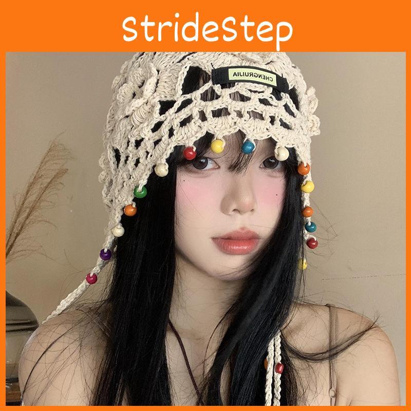 Stylish Handmade Knitted Hat For Women With Bohemian Floral Design And Tassels