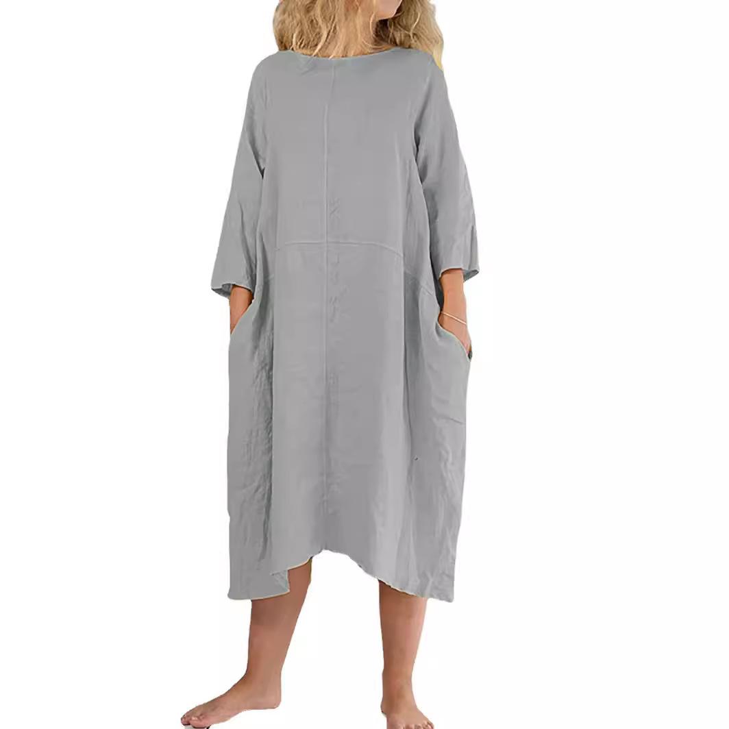 

Літня жіноча сукня з рукавом три чверті, круглим вирізом, кишенею, вільного крою, довга спідниця, короткий рукав 2XL сірий