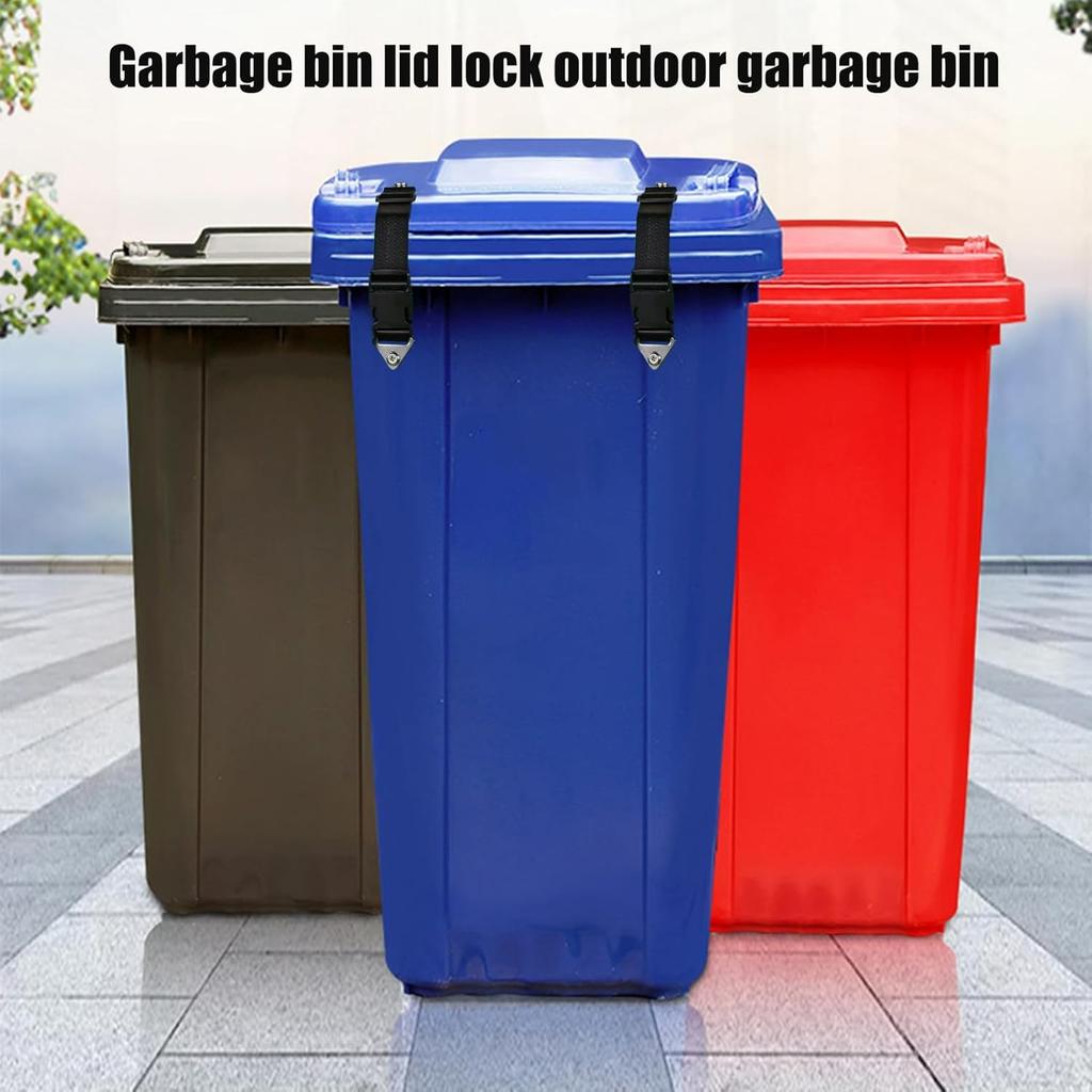 Wheelie Bin Locks - Metal Double Claw Trash Can Lock | 2pcs Adjustable Elastic Lid Straps | Garbage Can Lid Lock with Fixed Hooks