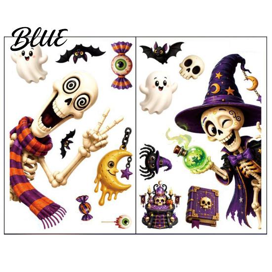 Non-adhesive Halloween Stickers 2 Sheets Window Clings Cartoon Skeleton Static Stickers Funny PVC Electrostatic Ghosts Bats Pumpkins for Glass Doors
