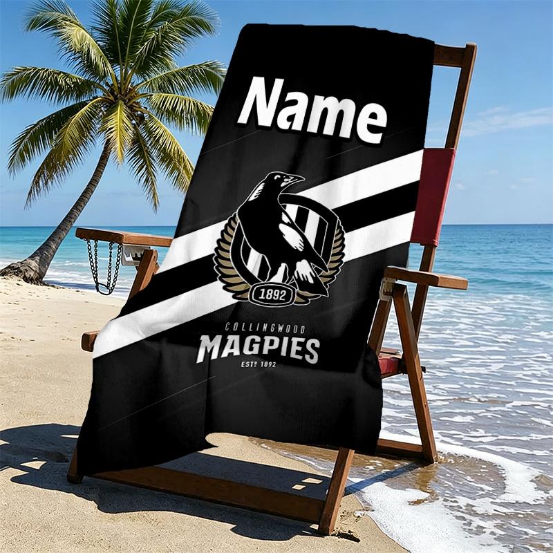 Personalisierbares Strandtuch mit individuellem Namen und Collingwood Magpies Print, für Reise, Camping, Strandparty, Heimdekoration, Geburtstagsgeschenk für Familie & Freunde