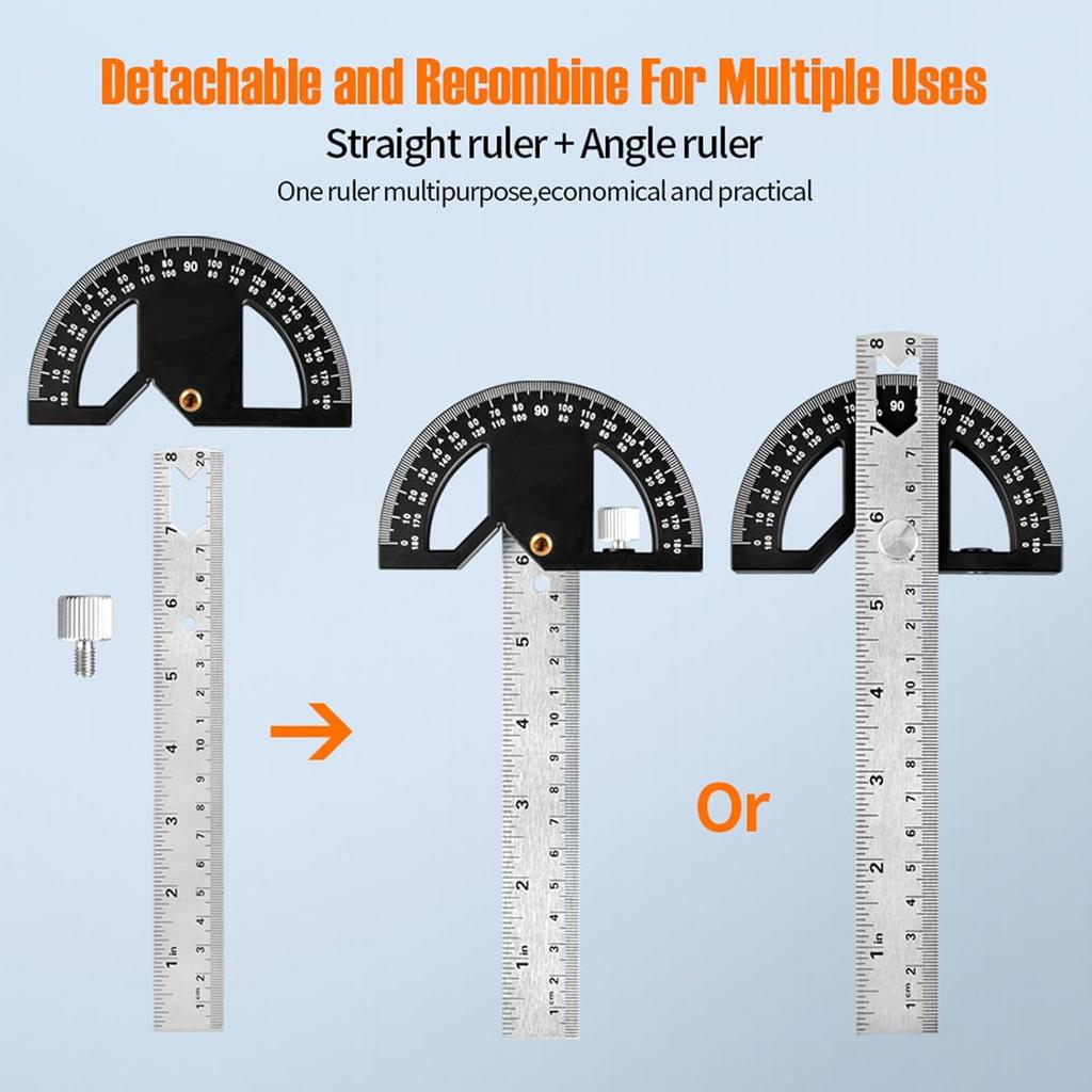 Protractor Angle Finder Stainless Steel Angle Ruler with 0-180 Degrees Adjustable Angle Square 8-Inch Woodworking Ruler for