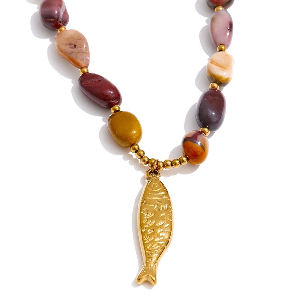 Natural Stone Beads Chain Fish Pendant Necklace Ocean Series Stainless Steel Handmade Statement Jewelry Accessories