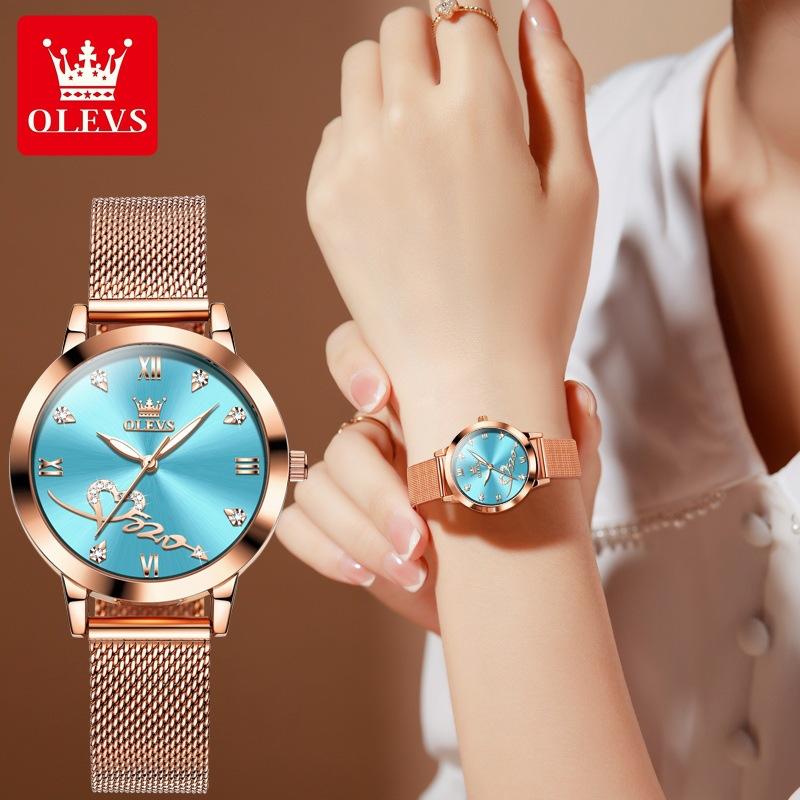 OLEVS Luxury Love Heart Diamond Ladies Watches Stainless Steel Mesh Strap Waterproof Quartz Wristwatch for Women Gift