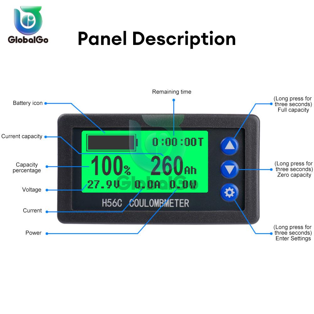 H56CH Hall Coulomb Meter Ammeter Voltmeter 9-100V 400A LED Voltage Current Tester Capacity Indicator Battery Monitor
