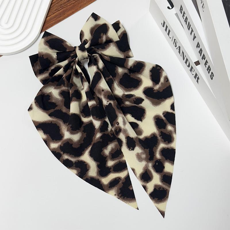 Vintage Leopard Print Bowknot Hairpin Long Ribbon Back Head Spring Clip Ponytail Headwear for Women Elegant Versatile Hairpin