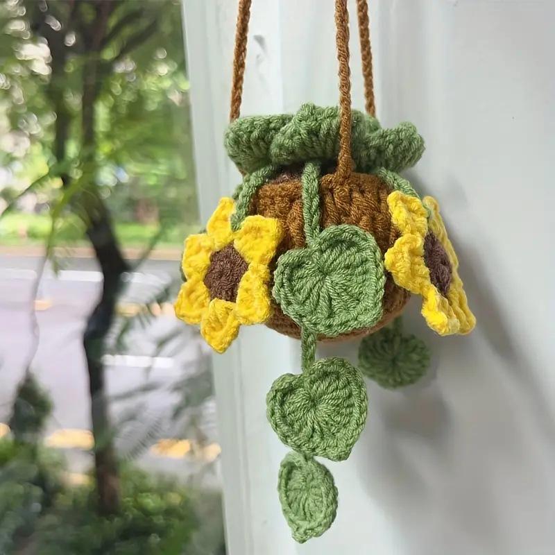 For Car Pendant Handmade Knitted Weaving Hanging Basket Flower Rearview Mirror Decoration Car Creative Pendant