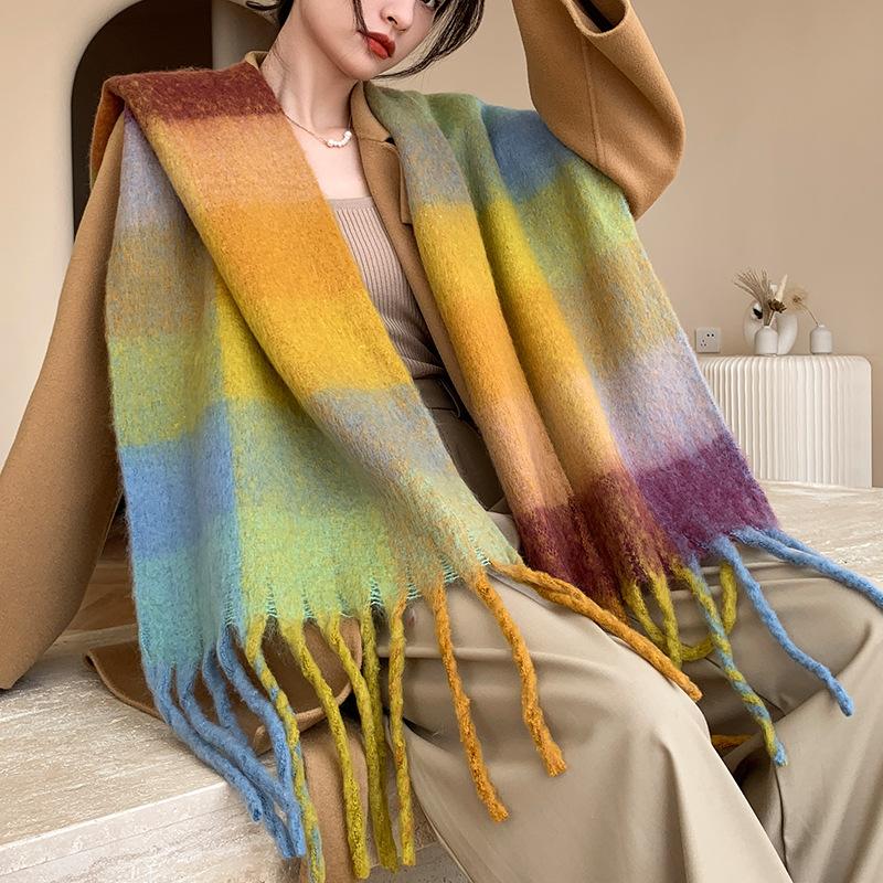 Winter New Scarf Women's Winter Thickened Warm Scarf Colored Plaid Fringed Scarf Shawl Fashionable Outer Cover