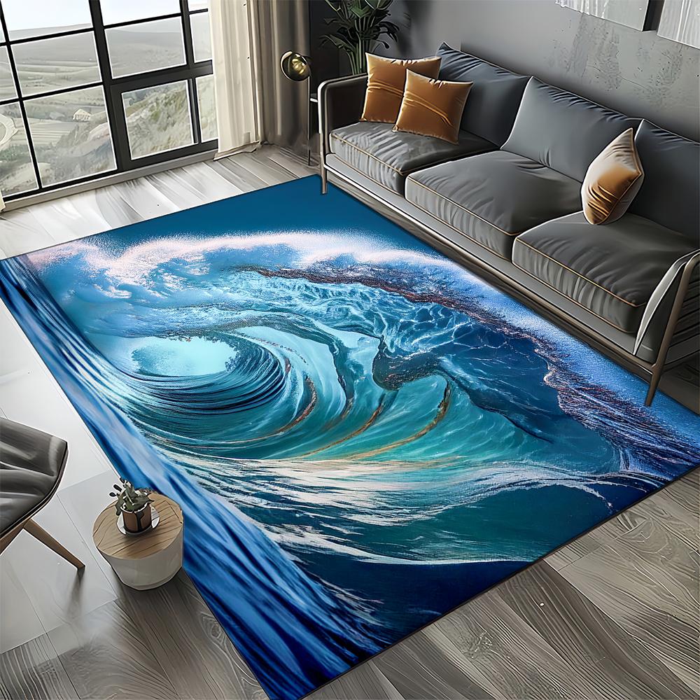 2025 New Style Blue Green Seawater Sea Wave Scenery Carpet Rug for Living Room Bedroom Home Sofa Decoration,Non-slip Floor Mat