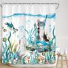 Funny Diving Cat Shower Curtain Whale Sea Turtle Seahorse Fish Coral Ocean Animals Underwater Scenery Children Bathroom Decor