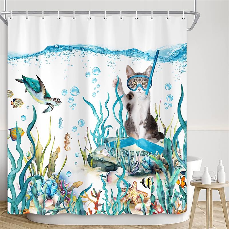 Funny Diving Cat Shower Curtain Whale Sea Turtle Seahorse Fish Coral Ocean Animals Underwater Scenery Children Bathroom Decor