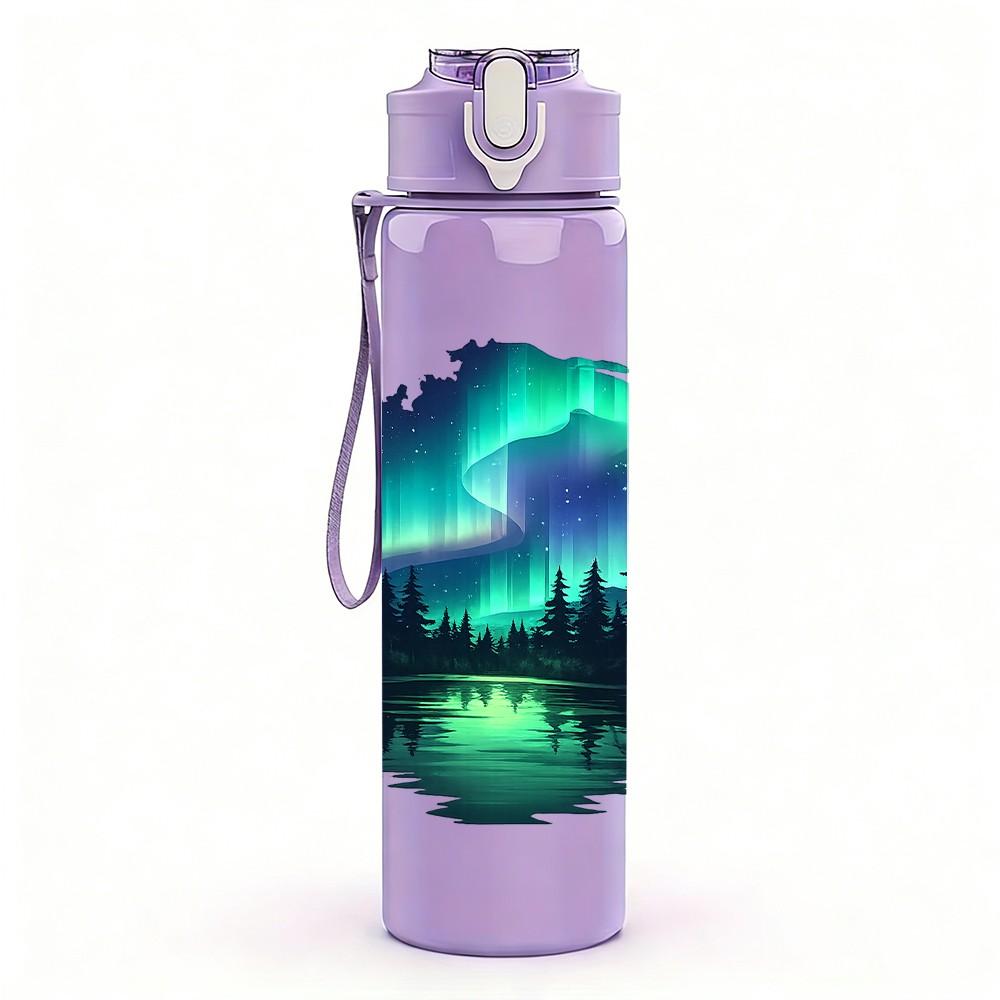 1PC Aurora Borealis Night Sky Scenery Print 750ml Color Plastic Sports Water Bottle Leakproof Flip Straw Lid Suitable for Sports Office Home Use