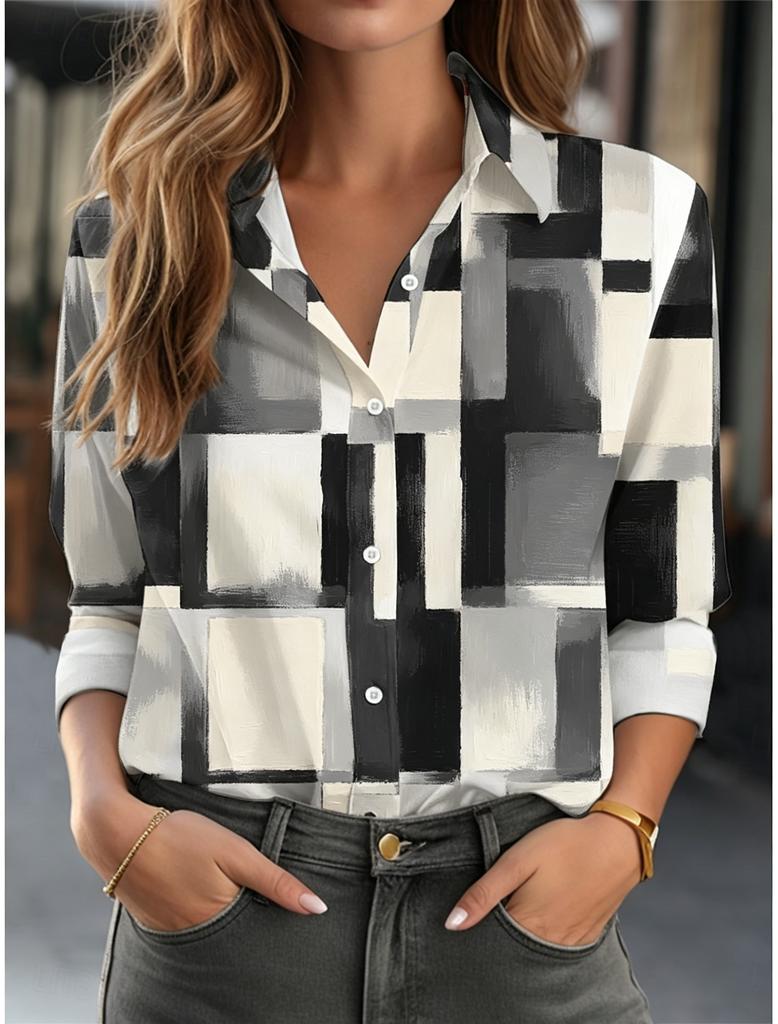 Women's Lapel Long Sleeve Geometric Print Button-Up Shirt, Stylish Casual Regular Tops for Spring Summer Daily & Office Wear