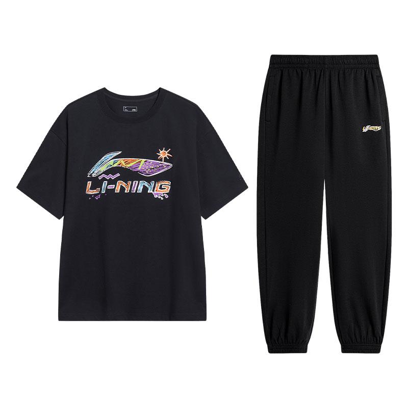 

Li-Ning Couple Hand-Painted Graffiti Classic Versatile Student Short Sleeve T-Shirt And Sweatpants Men sets AHSU745-1+AKLU823-6 S