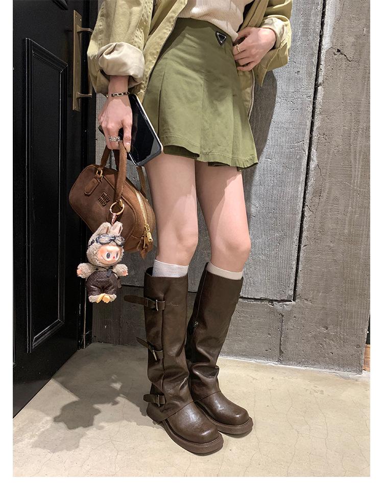 Grape mother two versions of height increase fashionable new belt buckle square round head fold medium tube knight boots boots women's autumn
