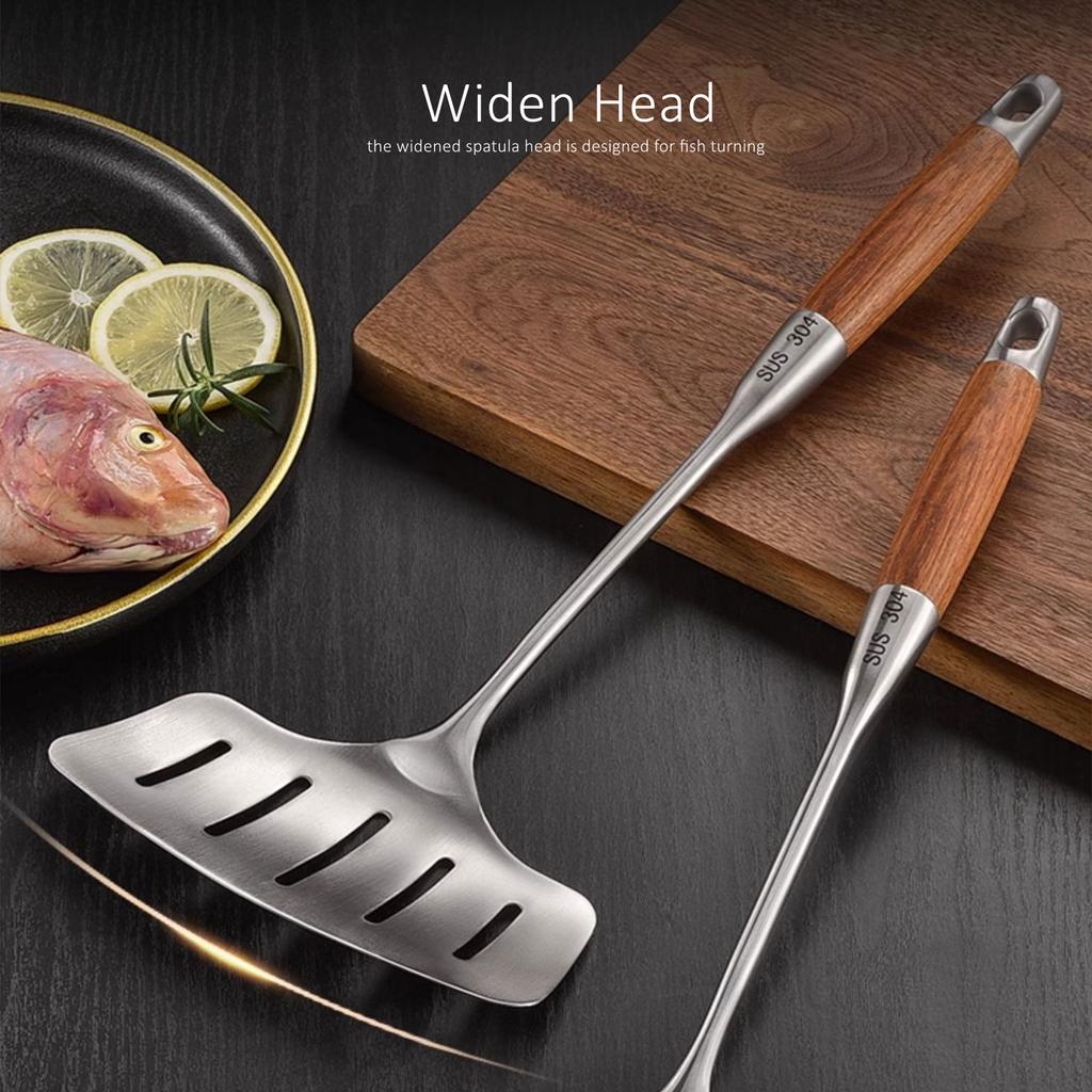 LFGB Certification 304 Stainless Steel Cooking Spatula Solid Wood Handle and Leakage Design Fish Turner Family Stiring Shovel