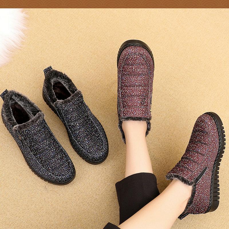Winterschuhe Frau Flache Baumwolle Schneestiefel Damen Warme Plüsch Samt Bequeme Stiefeletten Mutterschuhe Omas Baumwollstiefel