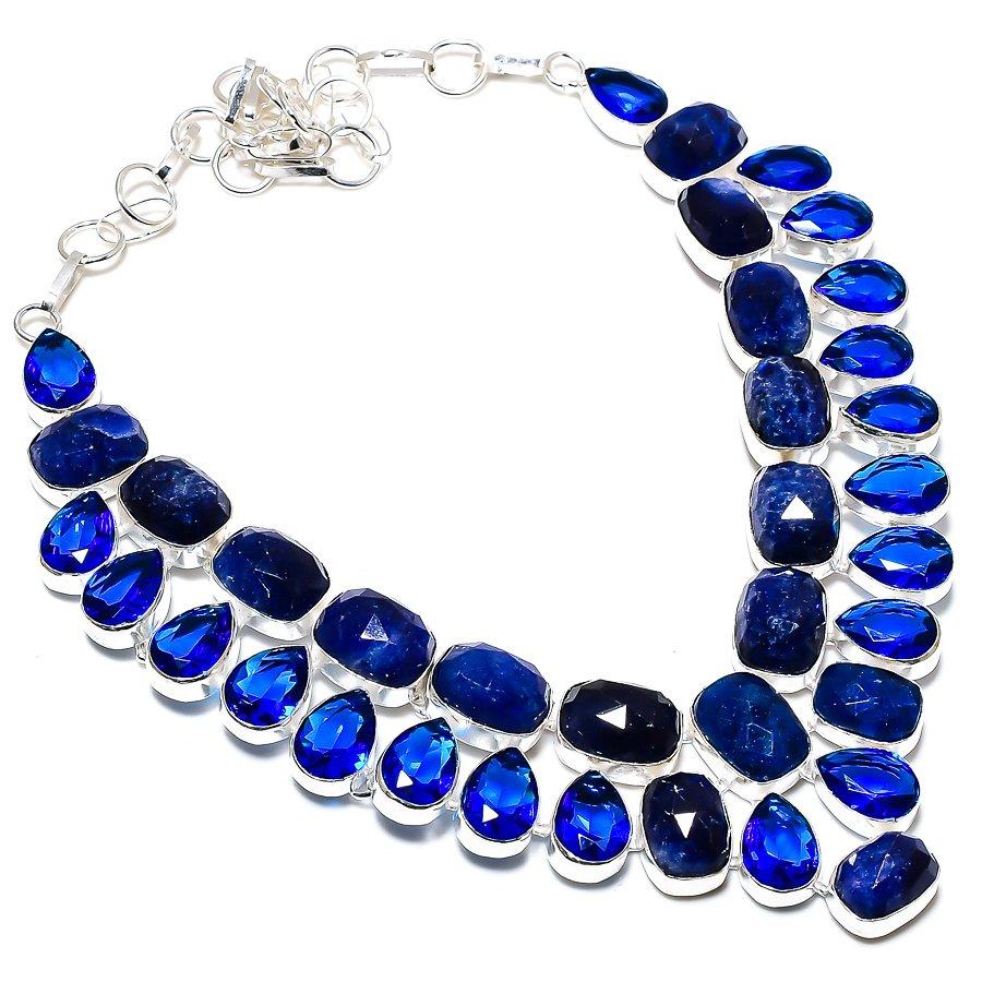 Blue Jade, Blue Topaz Gemstone 925 Sterling Silver Jewelry Necklace 18" SU-9782