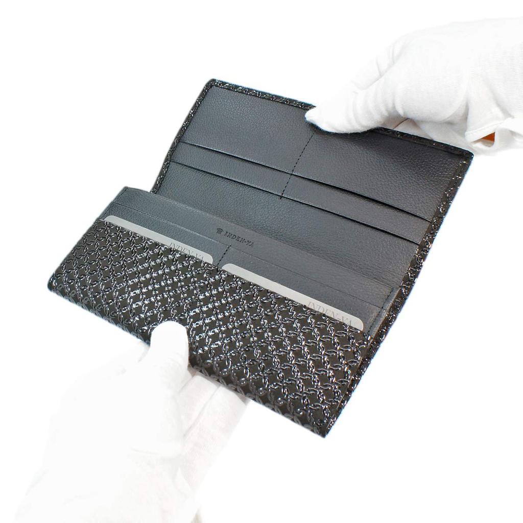 [Inden-ya] Inden Long Wallet, Size M, with Coin Purse, Deerskin, Black with Black Lacquer, Small Pattern with Linked Rings, 2109-01-177