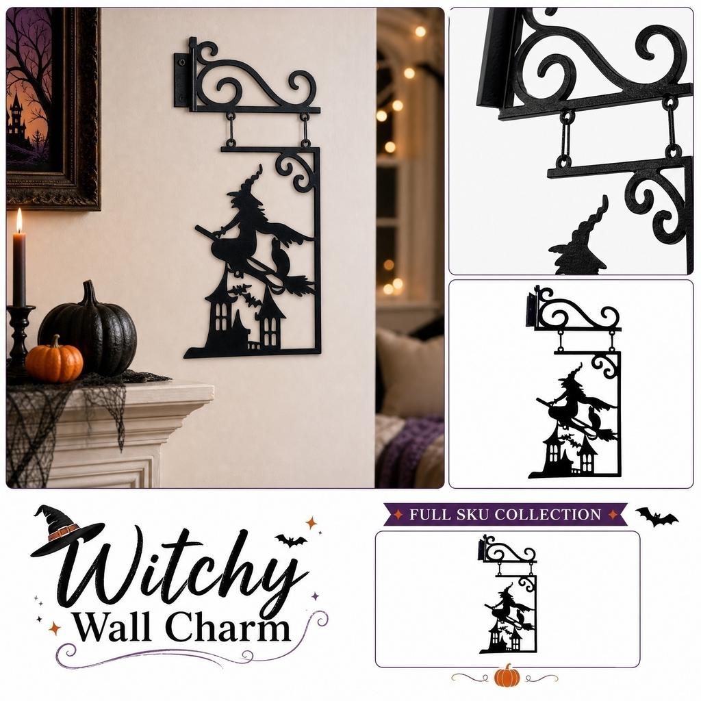 Metal Witch Wall Hanging Silhouette Decorative Sign with Bracket for Outdoor Indoor Use Halloween Themed Home Garden Ornament