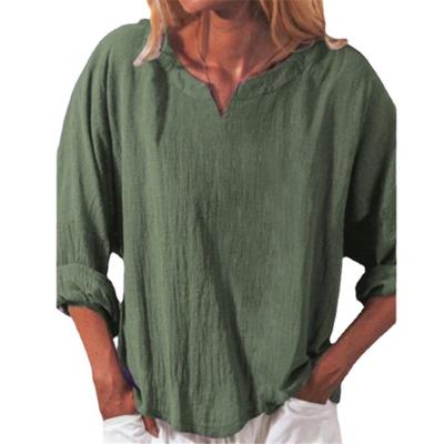 Fashionable Casual Cotton Linen Solid Color Loose Retro Long Sleeved V-neck Shirt for Women
