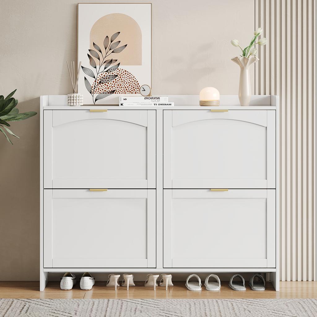 Modern Shoe Cabinet, with 4 Flap Compartments, Open Shelves, for Entrance Area or Hallway, White, Dimensions: W110/H90/D24 cm(OLD SKU:N657P201550W)