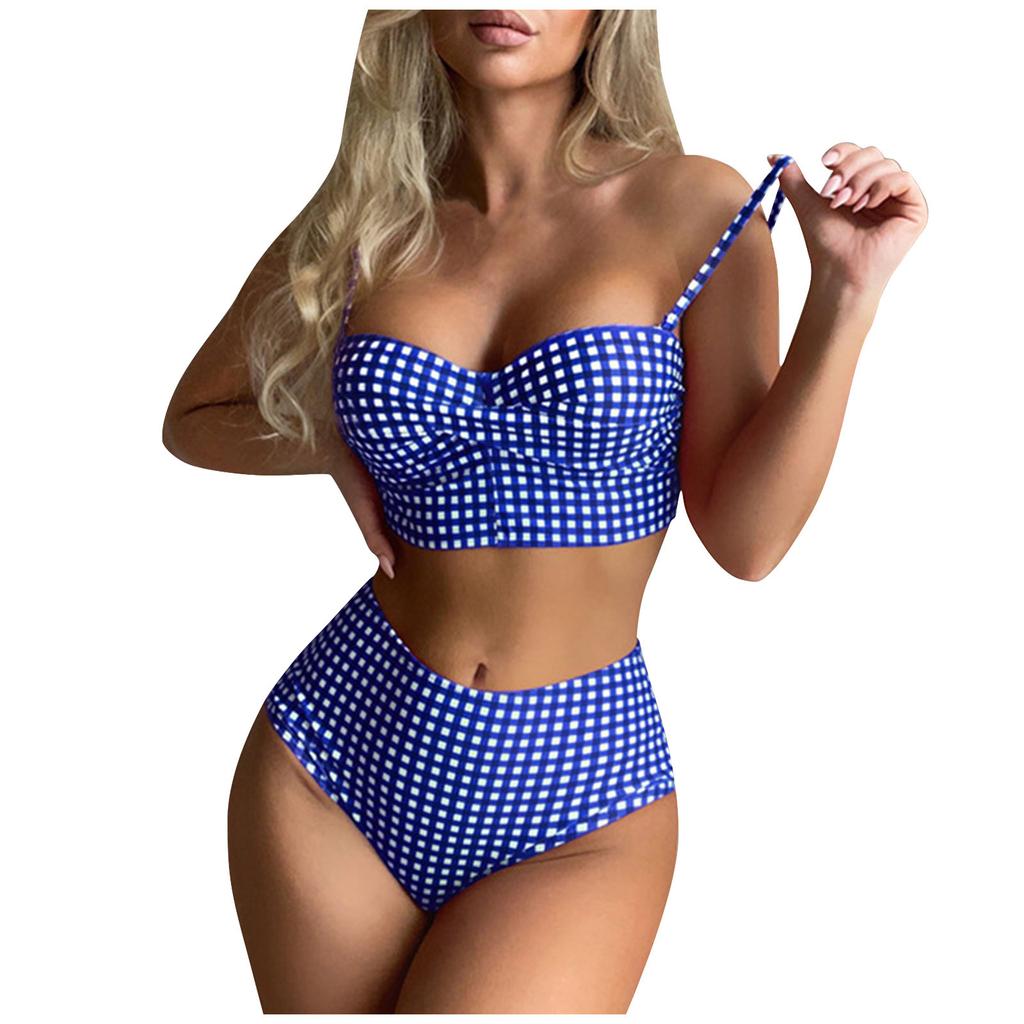 Kadın Ekose Mayo Göğüs Pedli Push Up İki Parçalı Mayo Tank Top Külotlu Slim Fit Mayo Ekose Mayo