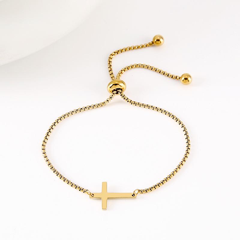Pearl Chain Cross Stainless Steel Bracelet - European & American Style, Simple Lucky Cross Design.