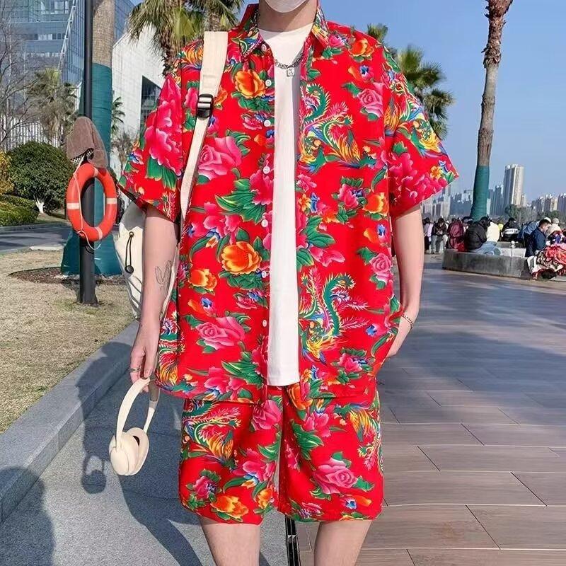 Men's Short-Sleeved Tang Suit Shirt & Casual Pants Set - Retro Floral Plus Size