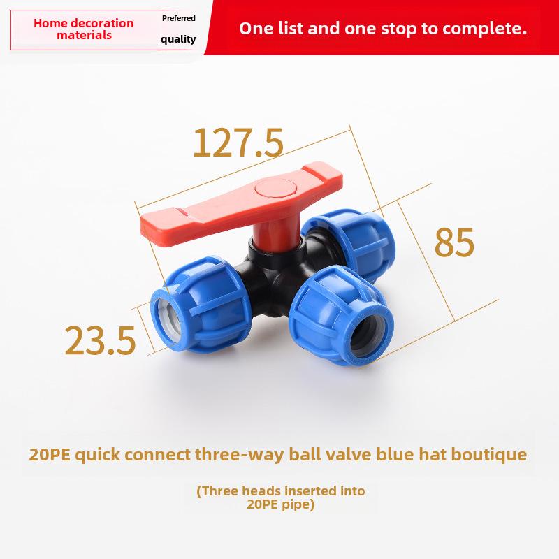 PE Kulventil Snabbkoppling Trefördelningsrörkoppling för Kranvatten, Kompatibel med 20, 25 och 32 Rör.