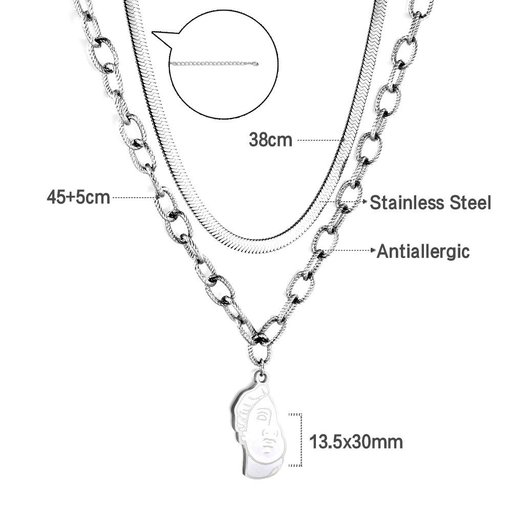 Jewelry Double Layer Stacked Collarbone Chain Dripping Oil Half Boy Pattern Pendant Necklace Stainless Steel Gold Plated Necklace