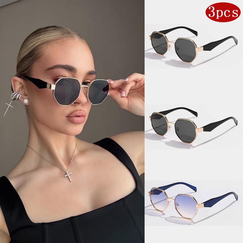 3pcs Trendy Polygonal Women's Sunglasses Fashion Metal Frame Driving Sun Glasses Female Stylish Outdoor Vacation Shades UV400
