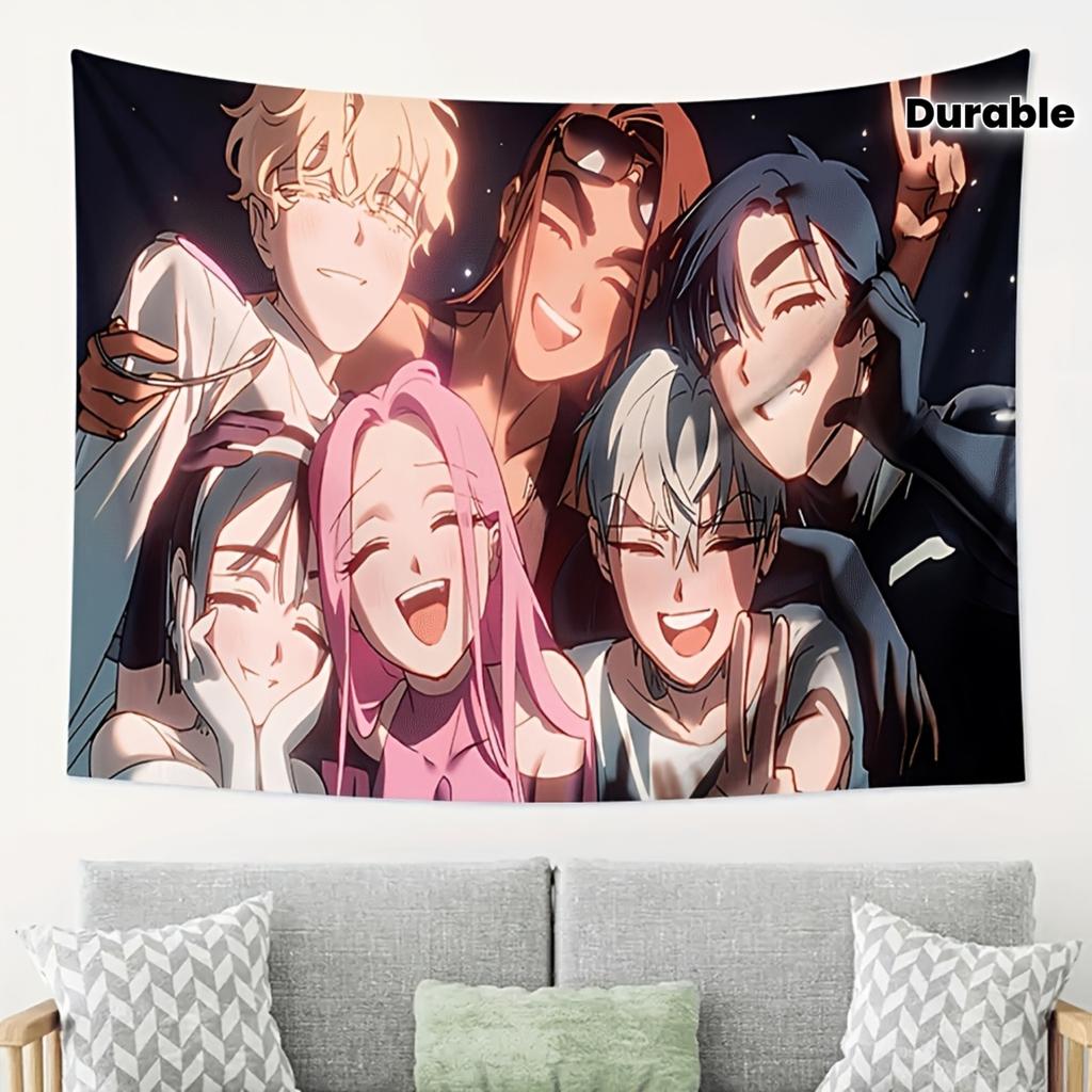 Korean Manga Friends Group Portrait Tapestry, Ins Style Wall Hanging for Bedroom Decor