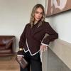 Old Money Style Striped Asymmetric Wrap Long Sleeve Shirt Lace Trim Cross Tie Polo Collar Top